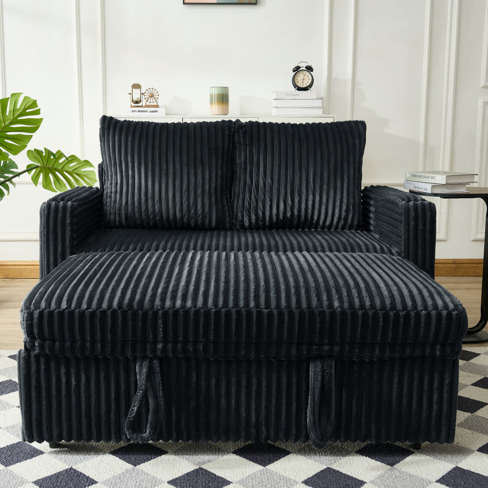 Sleeper Sofa Couch w/Pull Out Bed, Modern Corduroy Convertible Sleeper Sofa Bed, Small Love seat Sofa Bed w/Pillows & Side Pockets for Small Space, Living Room, Apartment,Black