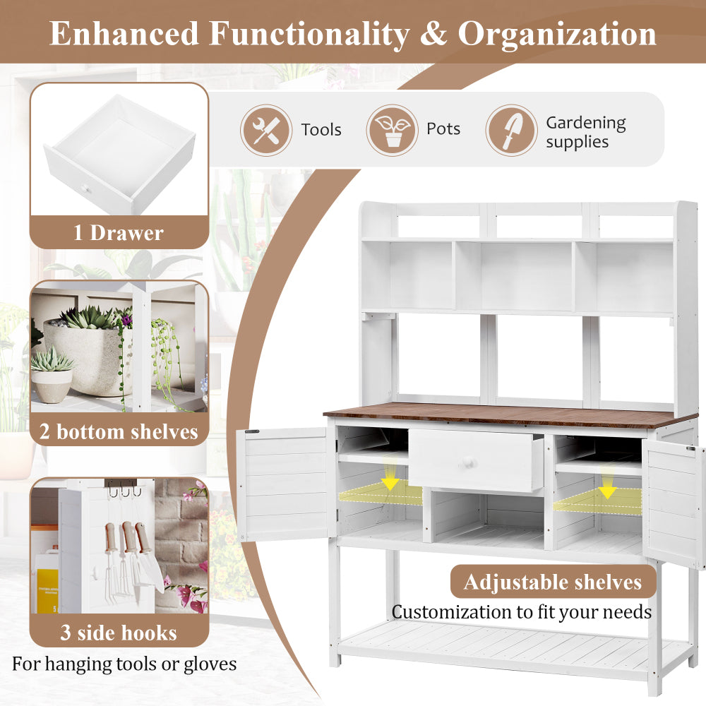 [Assembly Video Available] Topmax Solid Fir Wood Potting Bench Garden Workstation with Hutch, Drawer & Adjustable Shelves, 50.2x19.7x66.1 Inch Outdoor Garden Work Table for Backyard Planting,White