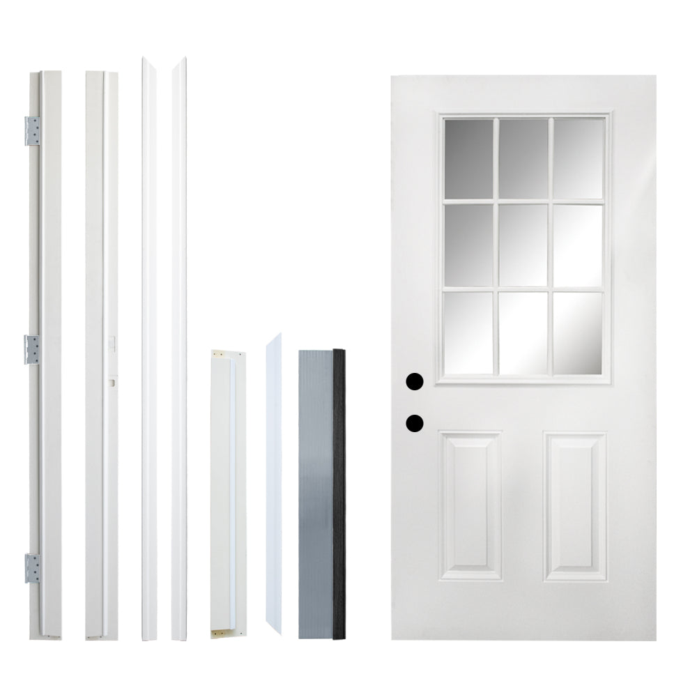 36 x 80 Fiberglass Entry Door, 4-9/16 in. New Packaging Vinyl Frame,9 Lite Low-E Glass - Primed Front Door for Home's Front Entrance, Right Hand Inswing, White Oak Wooden Grain Knock-Down Door