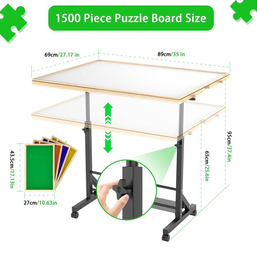 Wooden 1500 Piece Puzzle Table with Drawer, 35"*27.17" Adjustable Puzzle Table, 360° Tilting Puzzle Table with Legs and Wheels, Rolling Puzzle Table, Adjustable Height and Angle, with Protective Cover
