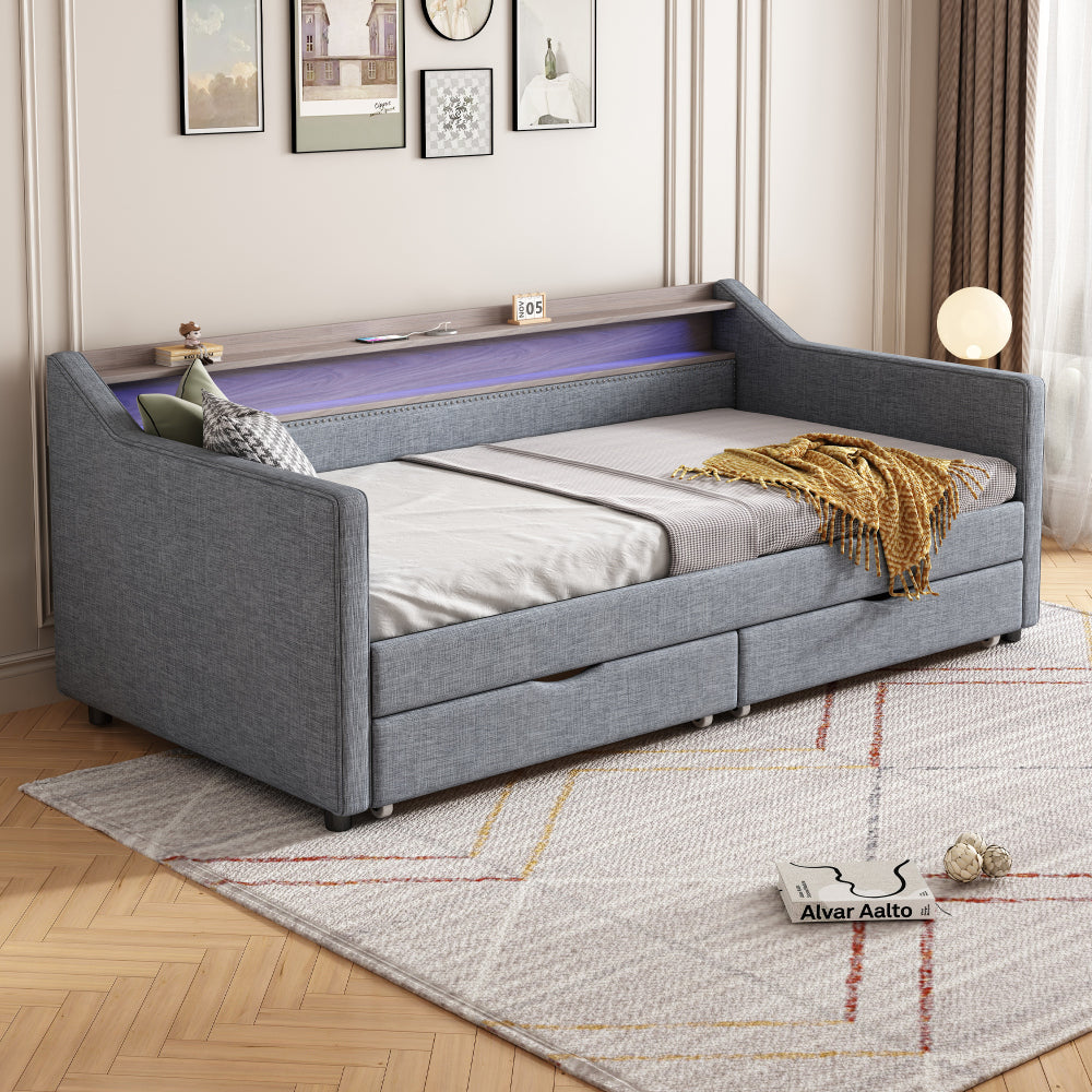 Twin Size Daybed with Drawers Upholstered Tufted Sofa Bed, with Button on Back and Piping on Waved Shape Arms-Light Grey