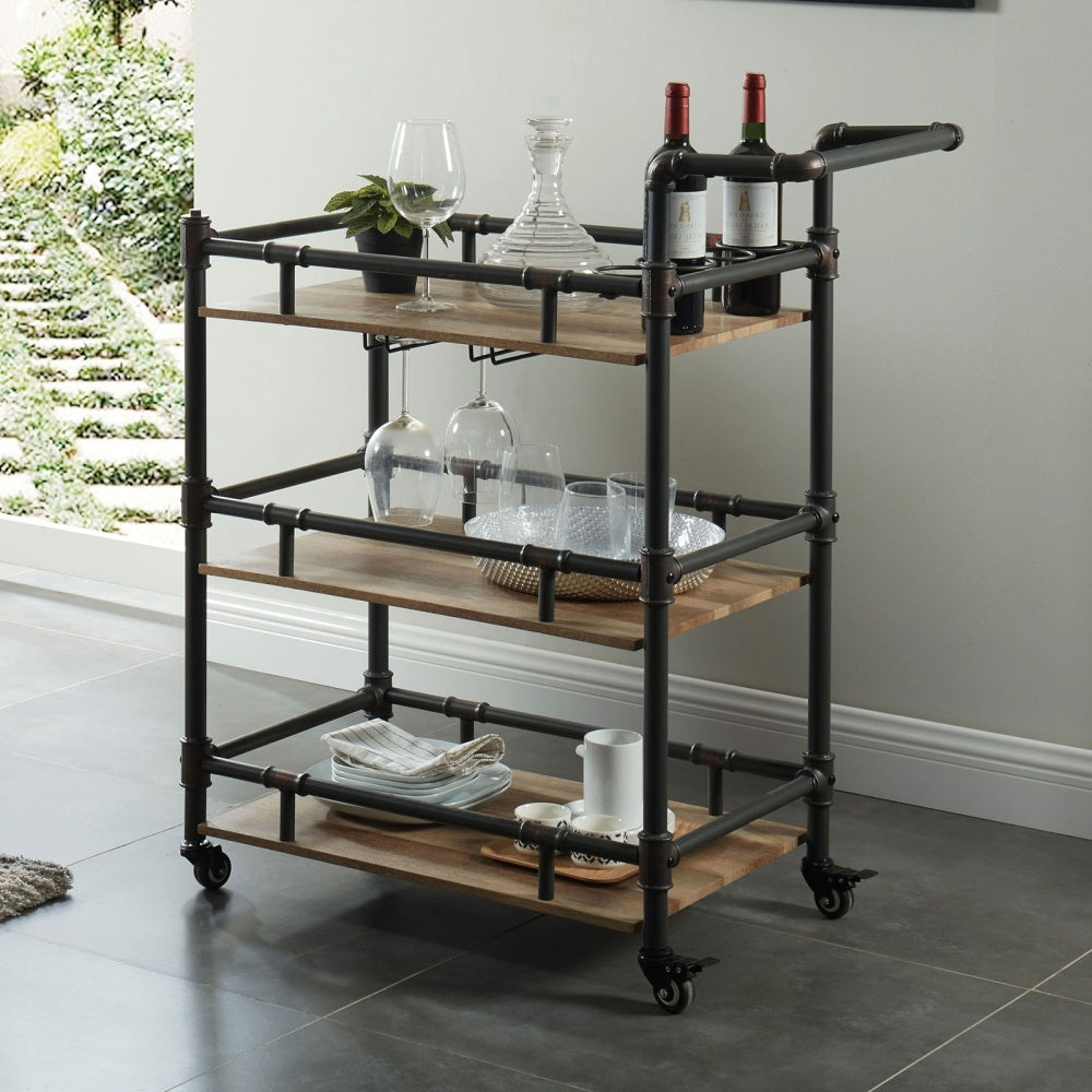 Industrial Style Antique Black Inspired Design Natural Oak 1pc Serving Cart 3-Tier Server w wheels