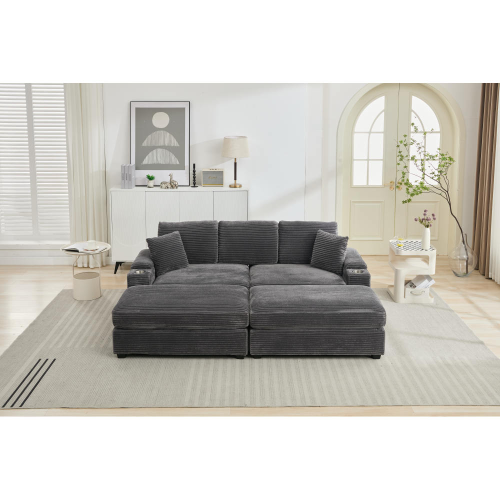 [VIDEO/New]Corduroy Upholstered Chaise Lounge Sofa with Handrail storage ,Movable ottoman,Cupholders,Detachable Cushions Deep Seat for Living Room Office,3 colour