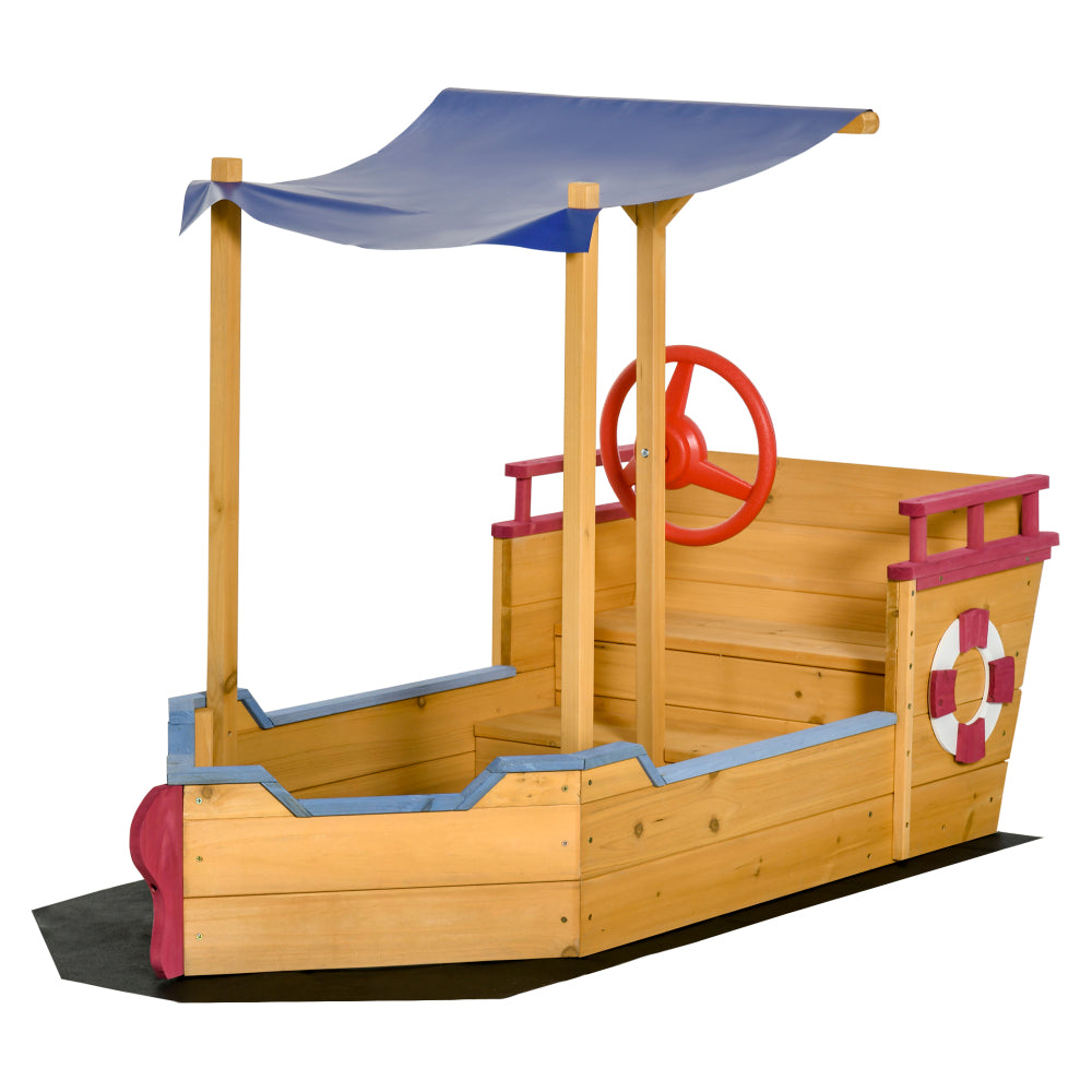 Outsunny Pirate Ship Sandbox with Cover and Rudder, Wooden Sandbox with Storage Bench and Seat, Outdoor Toy for Kids  Ages 3-8 Years Old