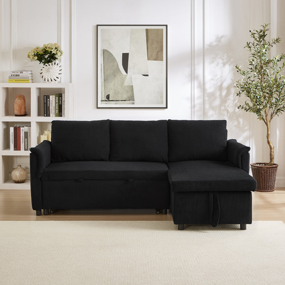 Loveseat Sofa with Chaise Lounge L-Shaped Modular Convertible Sofa with Storage Chaise, Corduroy Tufted Upholstered Sleeper Sectional Sofa,Pull Out Sleep Couch Bed and Reclining Backrest-Black