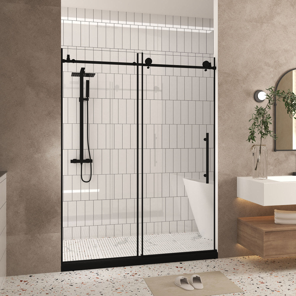 Frameless shower door 56-60 "W x 76" H, 1/4 "(6 mm) Clear Tempered Glass, Explosion Proof Film, Stainless Steel Handle, Matte Black