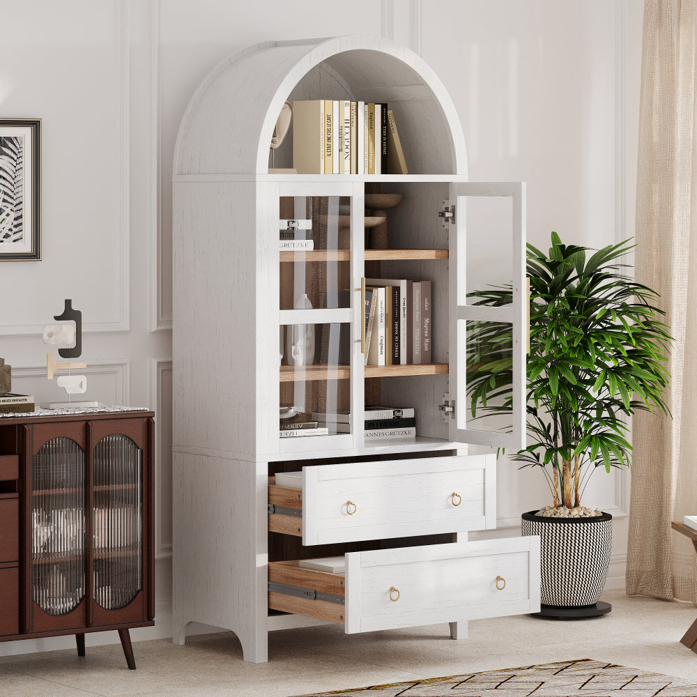 K&K 71" Tall Arched Kitchen Pantry Cabinet with 2 Large Drawers, Modern Farmhouse Kitchen Storage Cabinets with Adjustable Shelves, Glass Door, Wood Versatile Cupboard for Kitchens, Dining Room, White