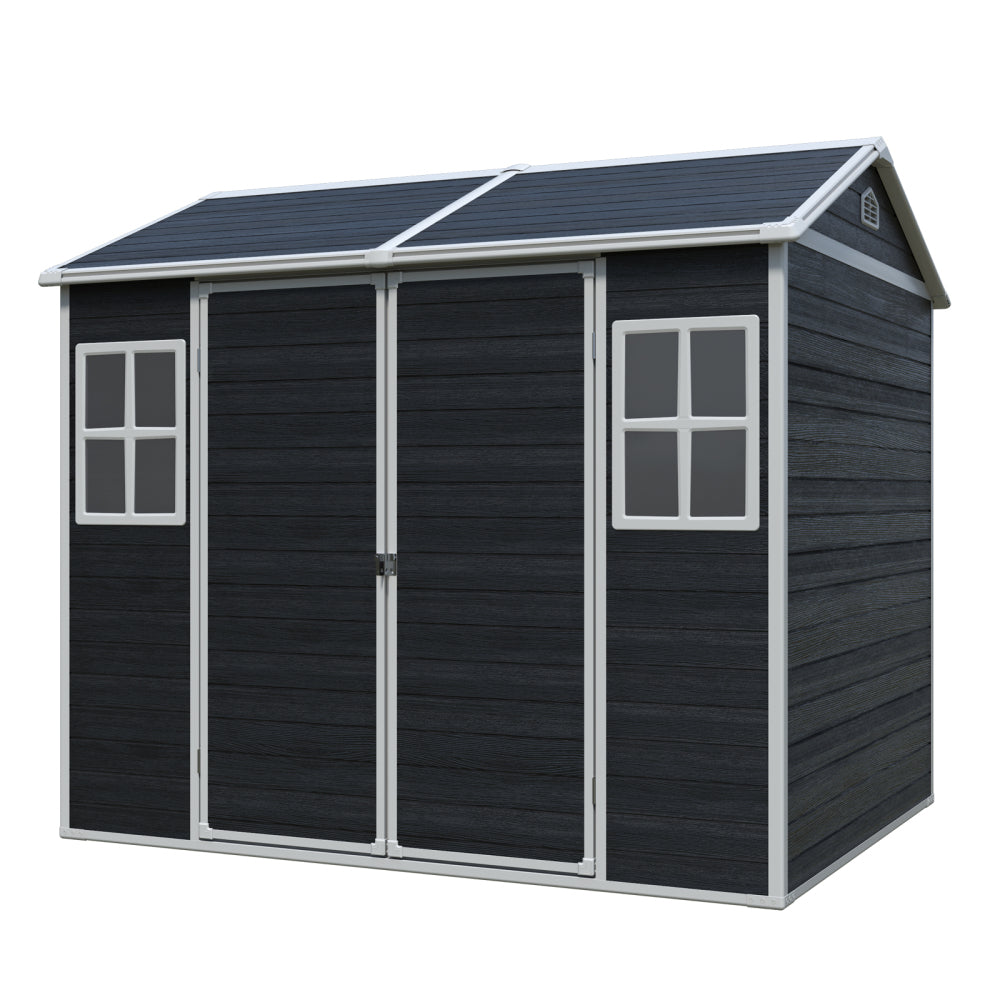 8 x 6ft  Resin Outdoor Storage Shed Waterproof Shed with Floor & Two Windows & Lockable Door, Tool Shed for Garden, Patio, Backyard ,Black