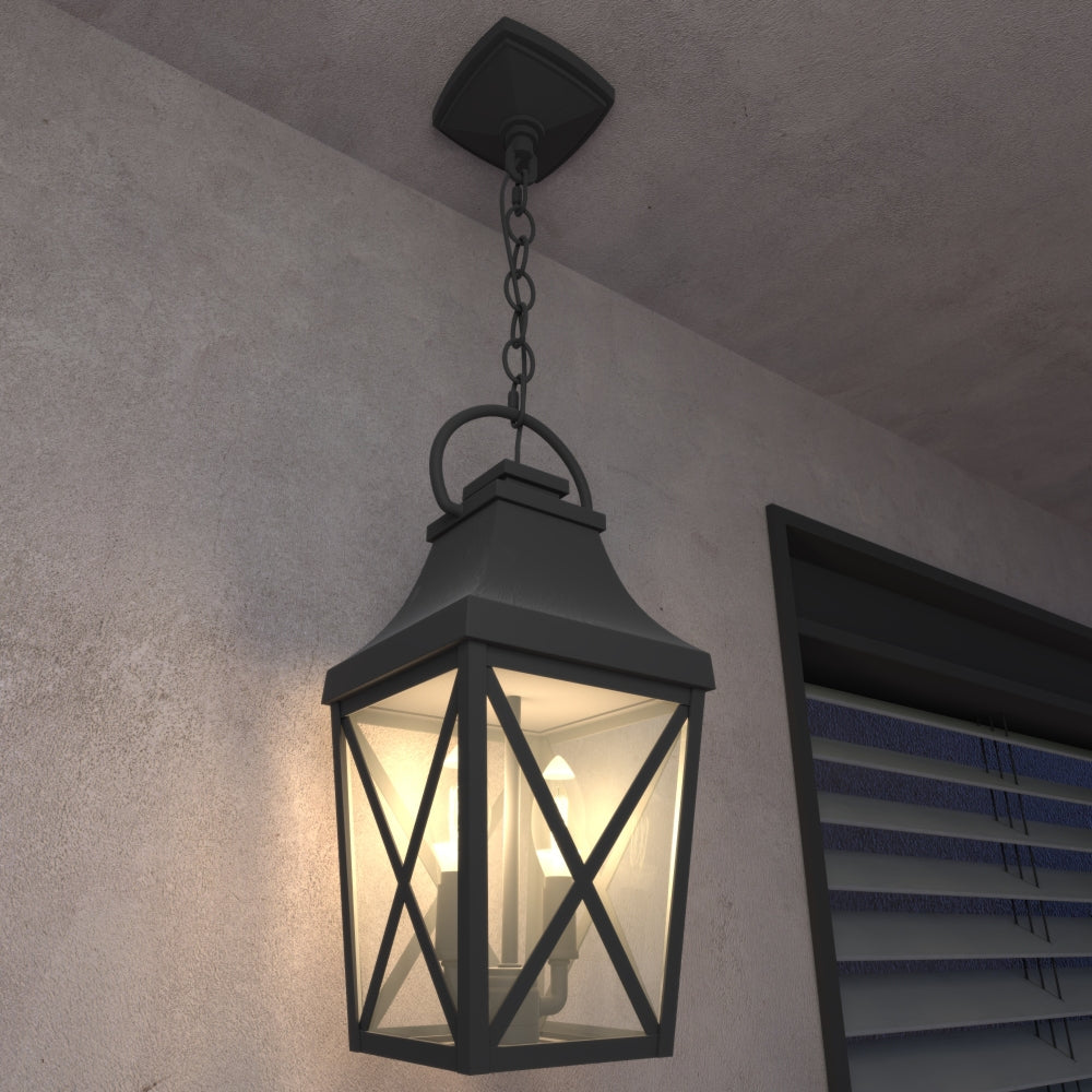 Black Outdoor Pendant Light 2-Light Outside Pendant Hanging Light Fixture Ceiling Mount with Clear Glass Industrial Hanging Cage Chandelier for Porch,Entryway,Doorway,Farmhouse (1 pack)