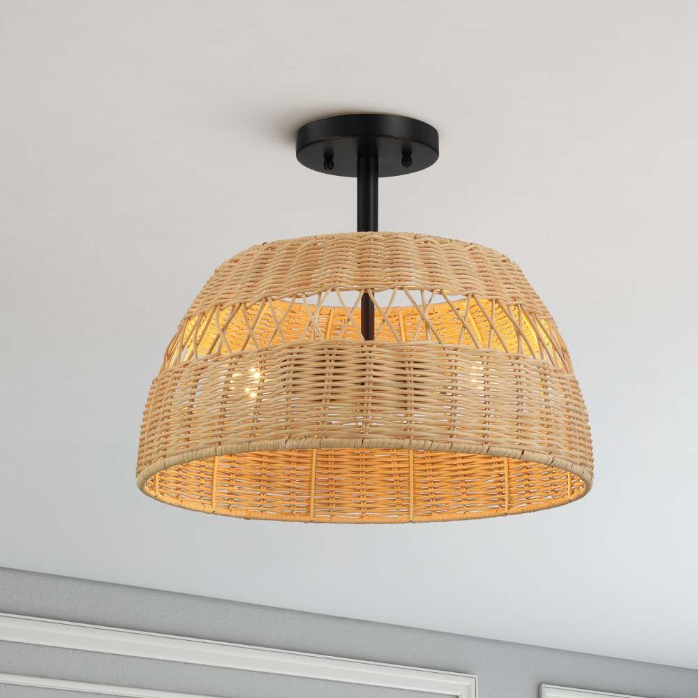 Twinkle Double Lights Semi Flush with Rattan Shade Black Metal Finish for Farmhouse Style Decor 12.6"H x 15"W x 15"D