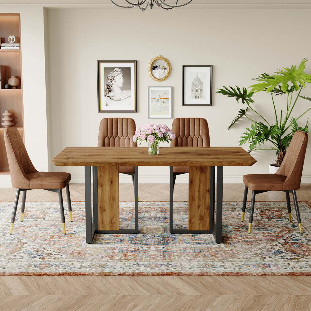 Table and chair set.67"x36" Wood-Textured MDF Dining Table Set with 4 Brown Fabric Chairs.MDF sticker,Wood colored texture sticker,Black C-tube dining chair legs,Suitable for kitchen,Dining room,etc.