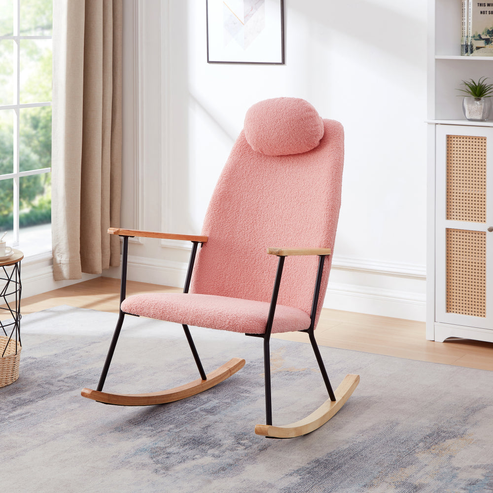 Adjustable Headrest Pillow Rocking Chair, Teddy Fabric Upholstered Glider Rocker with High Backrest, Modern Rocking Accent Chairs Comfy Side Chair for Nursery, Bedroom, Living Room (Pink)