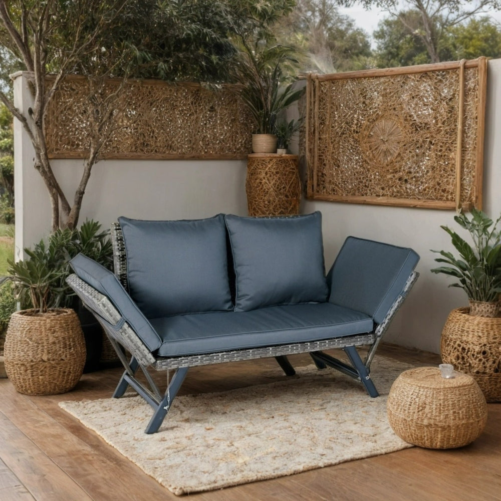 1 PCS Patio Wicker Side Foldable Bench Patio Backyard Conversation Bench Grey Wicker + Dark Grey Cushion
