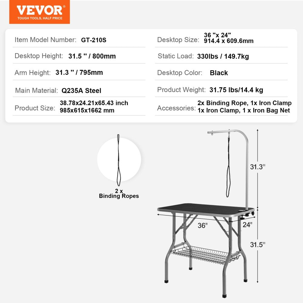 Pet Grooming Table Arm with Clamp, 36''x24'' Dog Grooming Station, Foldable Pets Grooming Stand for Medium and Small Dogs, Free No Sit Haunch Holder with Grooming Loop, Bearing 330lbs