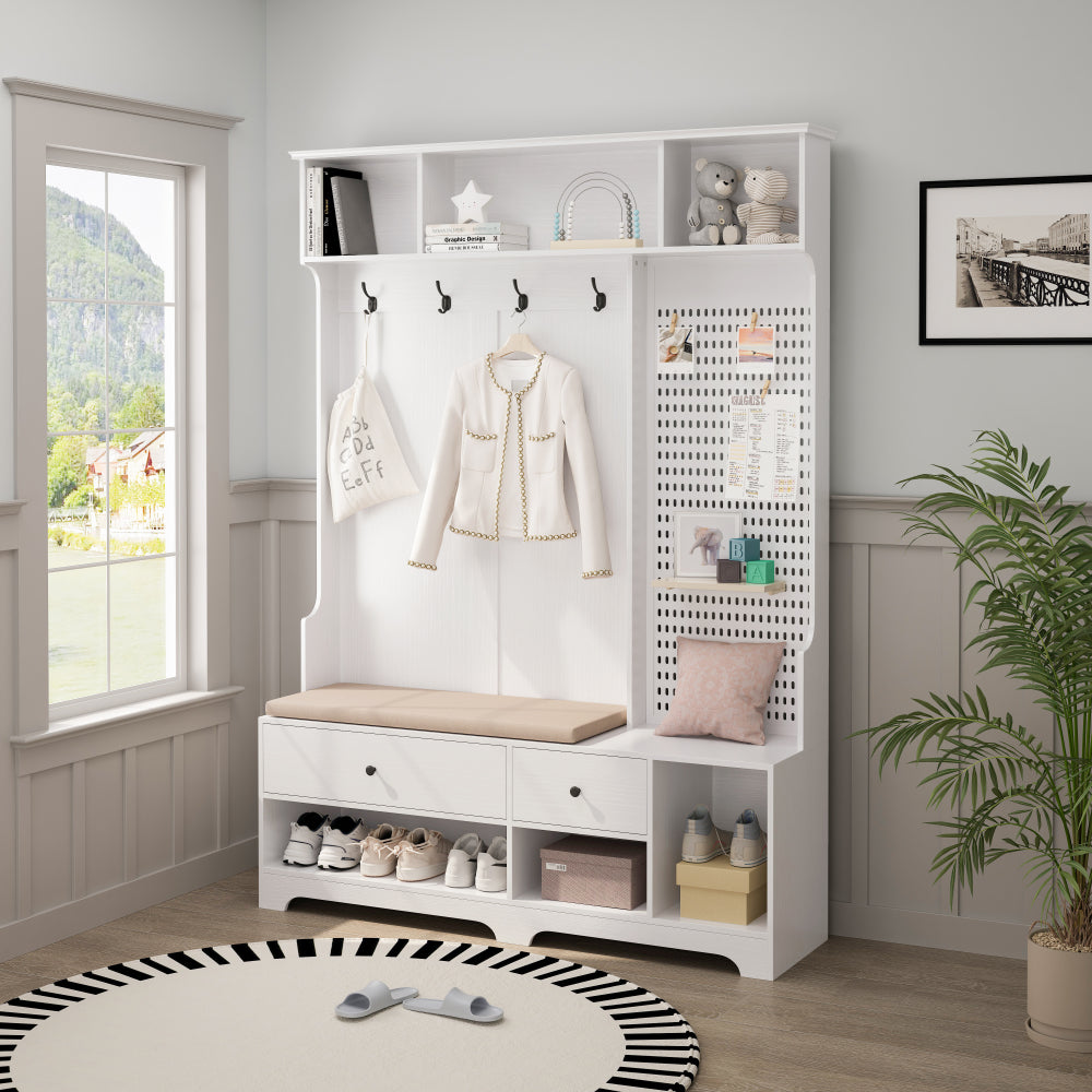 Multi-purpose Hallway Hall Tree with Removable Linen Cushioned Entryway Bench, Coat Rack, Storage Shelves, and DIY Pegboard,for Hallways, Living Room, White