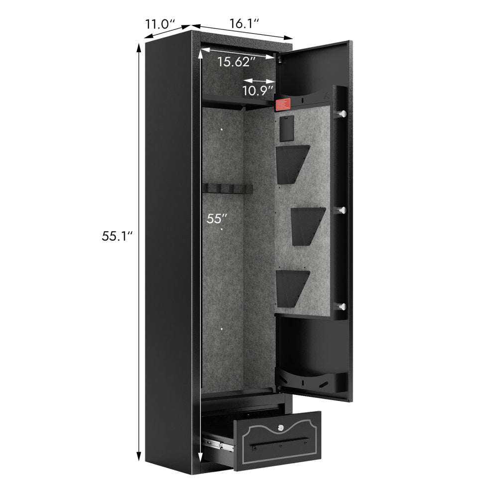 8 - Gun Capacity Rifle Safe. Holds Rifles, Pistols, Shotguns. Digital Lock for Quick Access. Removable Shelf. Special Gun Rack for Scoped Rifles. Plus, a Handy Storage Drawer