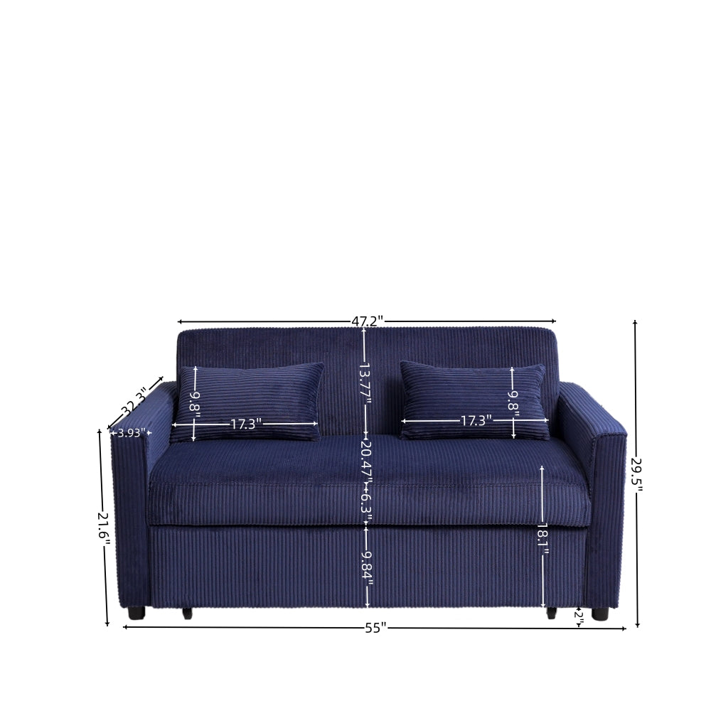 Futon Sofa Bed,3-in-1 Multi-Functional Corduroy Sleeper Couch Pull-Out Bed,Adjustable Backrest and Pillows,Convertible Sofa Bed for Living Room,Bedroom ((Blue)