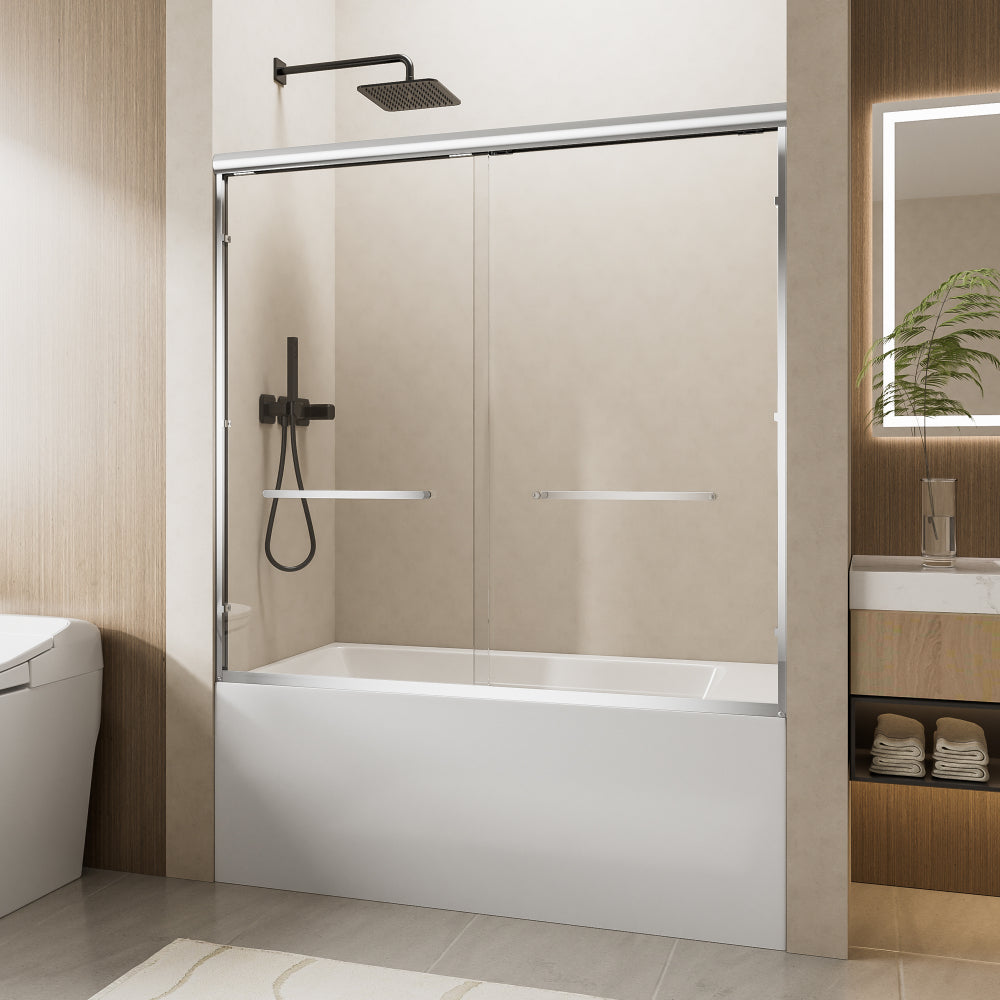 60" W x 57" H Aluminum Frame Double Sliding Shower Door, Soft-Close Chrome Bathtub Door, 1/4" (6mm) Clear Nano-Coated Tempered Glass, Dual Stainless Steel Handles