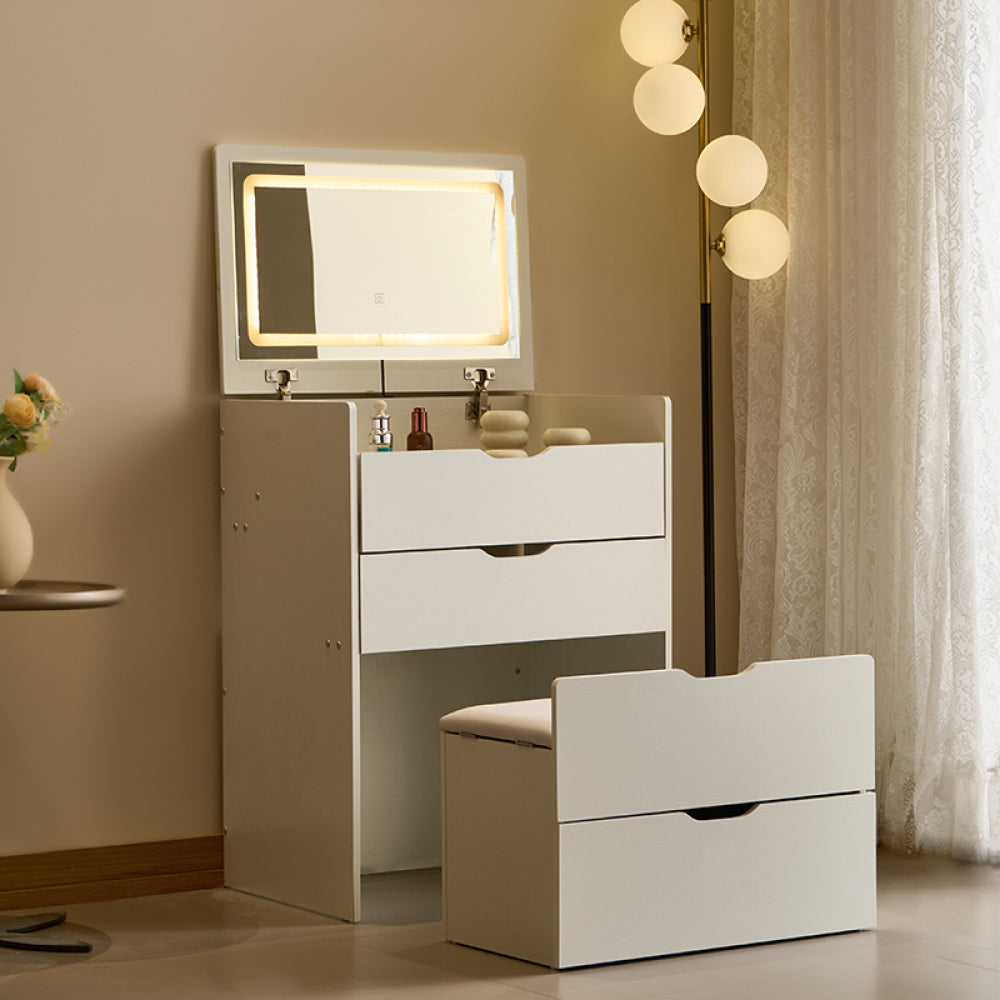 3-in-1 Vanity Desk with Mirror And Lights, Small Vanity Desk Set with Visible Glass Tabletop, 3 Drawers, Storage Bench, 3-color Lighting Mirror, Suitable for Bedroom Small Vanity Desk