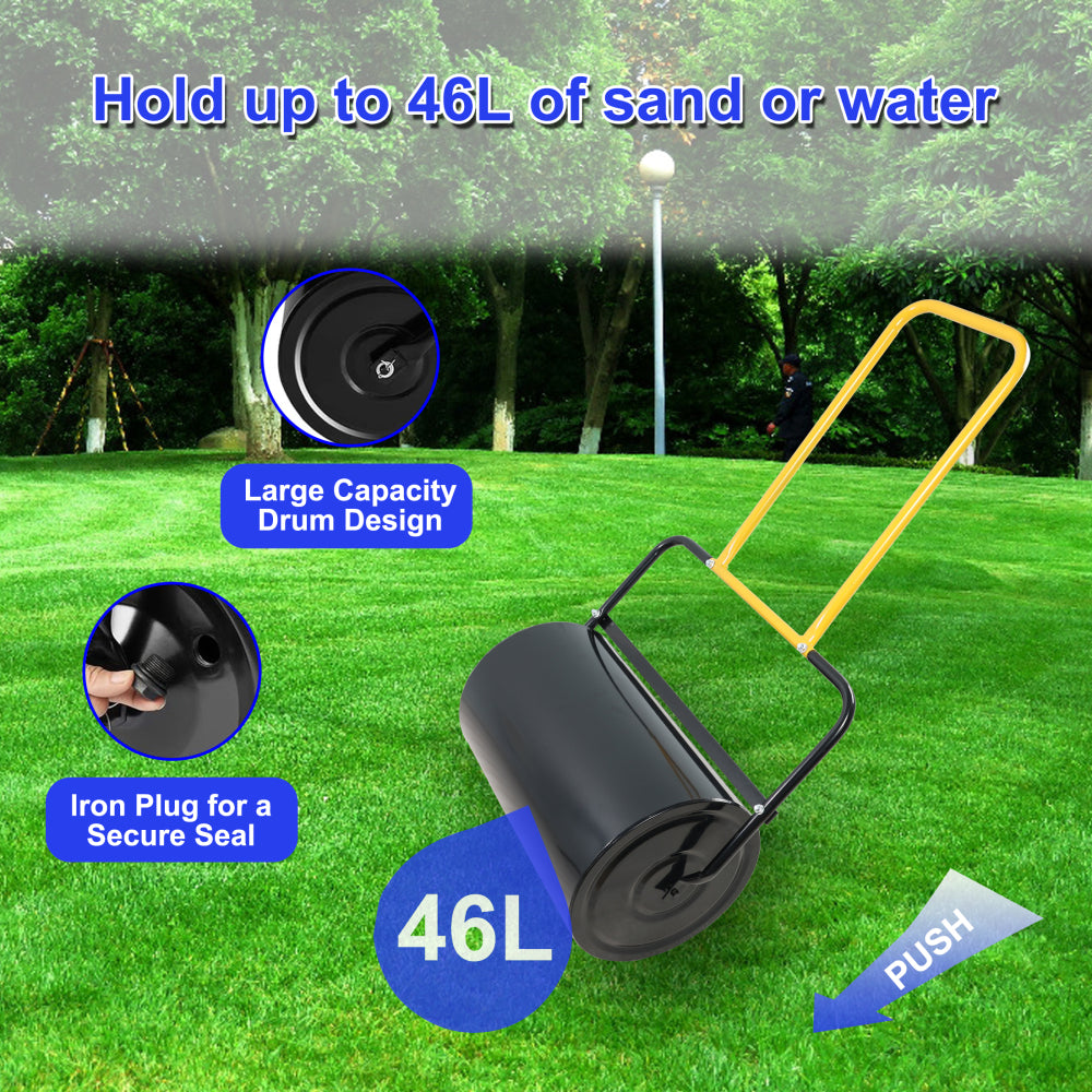 40 litre high capacity lawn roller, can fill sand/water, U-shaped ergonomic handle, easy to push and pull, suitable for gardens, farms, parks, black