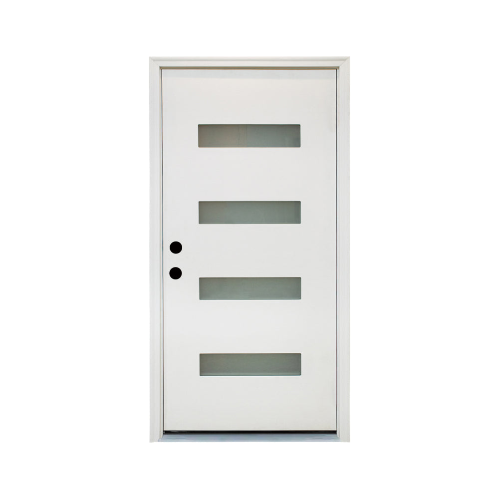 36 x 80 Fiberglass Entry Door with Brickmould, 4-Lite Frosted Glass - Contemporary Style for Home's Front Entrance, Right Hand Inswing, Vinyl Frame, White Finish Knock-Down Entry Door