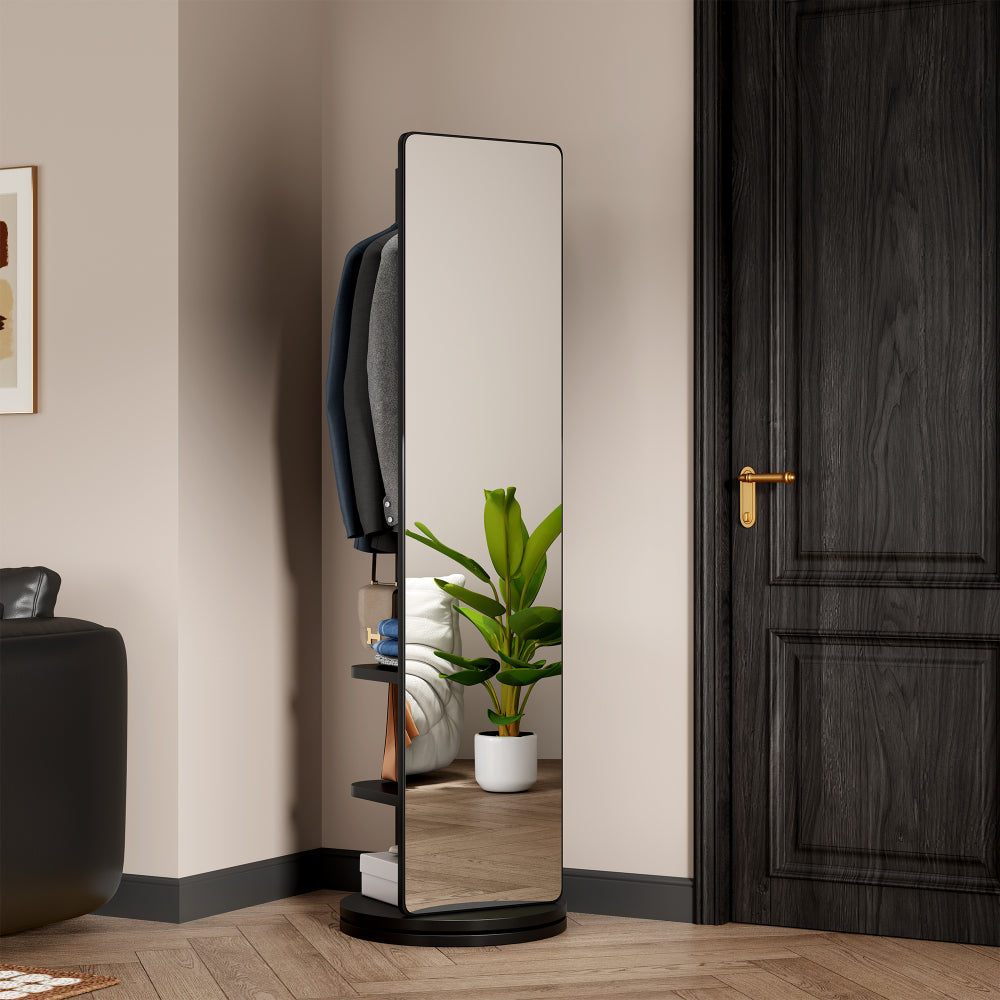 360° Rotating 69"x16" Multifunctional Full Length Mirror with Hook Storage Rack Coat Rack with Mirror Solid Wood Floor Mirror Bedroom Living Room Cloakroom Space Saving (black)