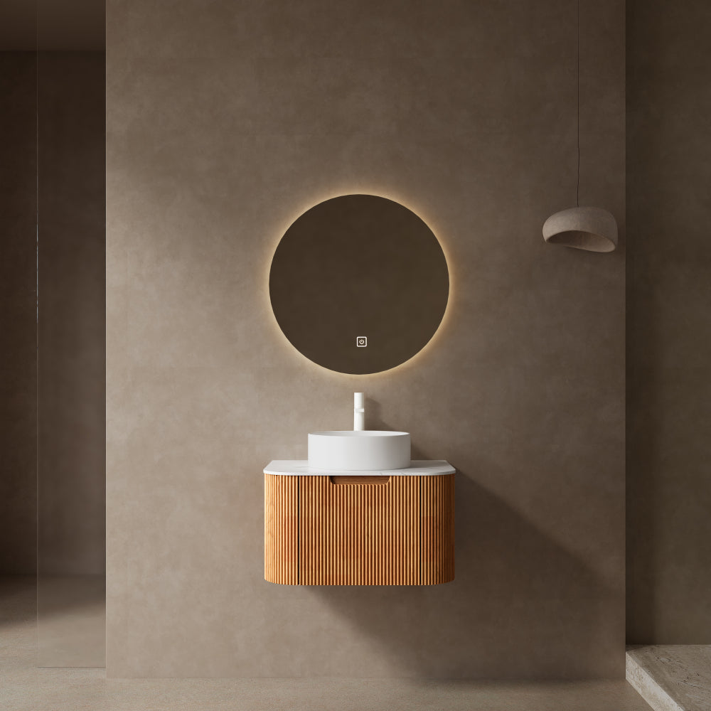 DINA 24" Bathroom Vanity with Sink, Wall-Mounted Floating Curved Edges Striped Bathroom Storage Cabinet with a Drawer, White Round Ceramic Basin without Faucet, Pre-assembled, Natural Woodgrain Color