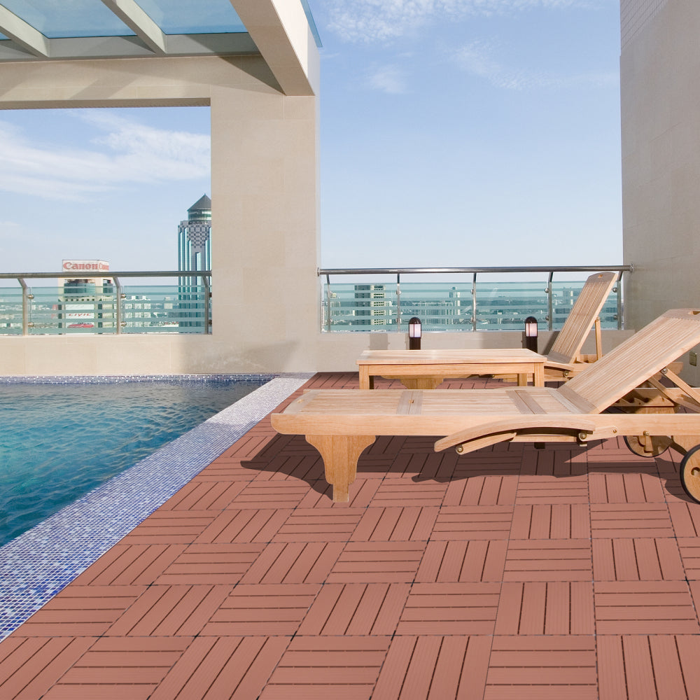Plastic Interlocking Deck Tiles, 12.00"x12.00"(Pack of 44 ), Patio Flooring Outdoor Waterproof All Weather Use for Garden Poolside Front/Back Yard, Mahogany Colour