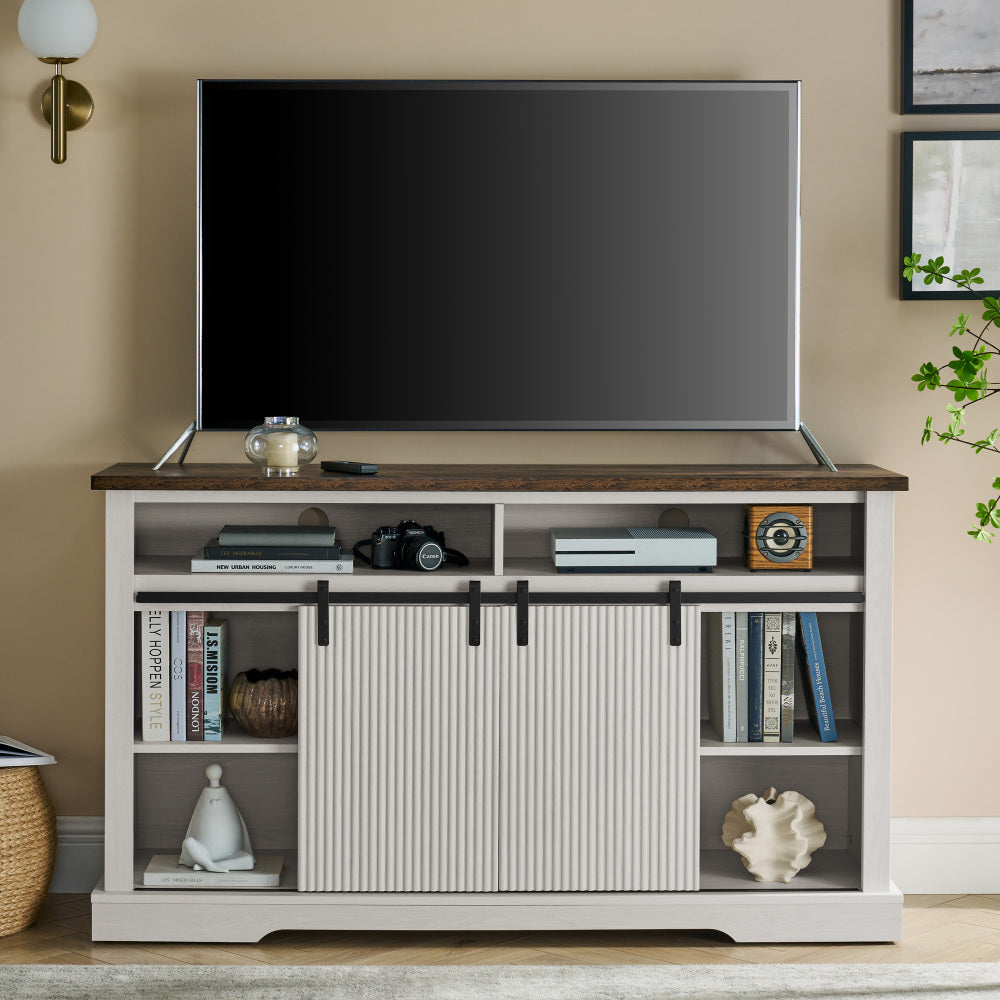 TV Stand for 65 Inch TV, Entertainment Center with Storage Cabinets and Sliding Barn Door, Mid Century Modern Media Living Room Bedroom TV Console Table