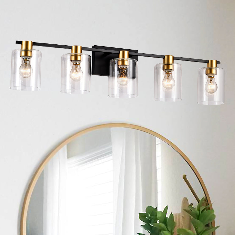 5-Light Matte Black + Matte Gold Color Bathroom Light Fixtures, Modern Vanity Lights with  Glass Shade, Vintage  Light Fixture Bathroom Over Mirror Wall Lights for Kitchen Dinning Room Bedroom Hallway
