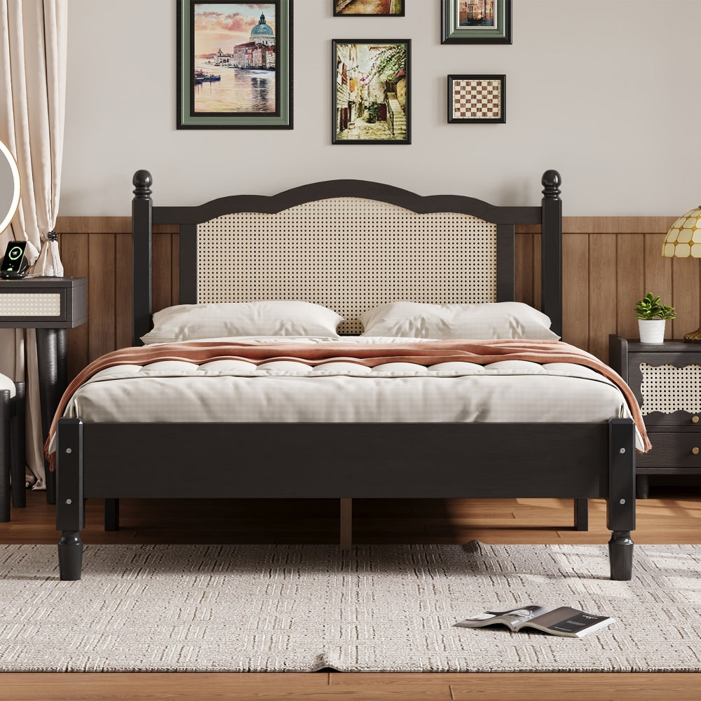 3 Pieces Bedroom Set with Queen Size Wooden Bed Frame, 1 Vintage  Nightstand and 1 Makeup Vanity Set with Stool,Black