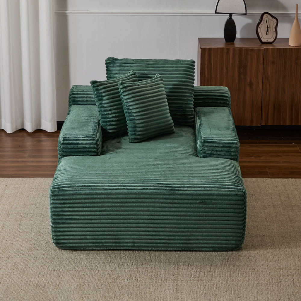 Oversized Chaise Lounge Chair Cozy Cloud Couch, Modern Plush Corduroy Upholstered Sleeper Sofa Daybed with 3 Throw Pillows and Wide Armrest for Living Room, No Assembly Required,Green