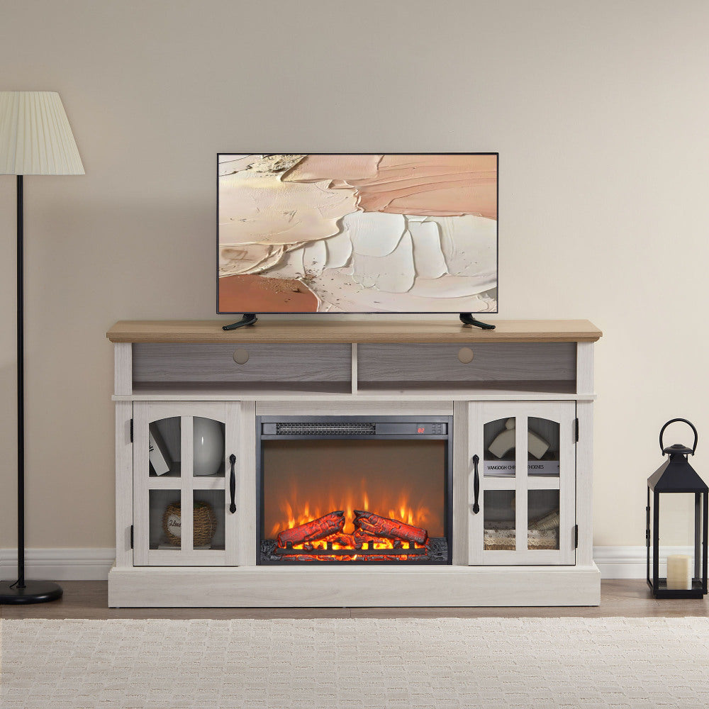 58" Fireplace TV Stand, Entertainment Center with 23" Electric Fireplace, TV Table for TVs up to 70 Inch, Media Console Cabinet with Storage and Glass Doors for Living Room