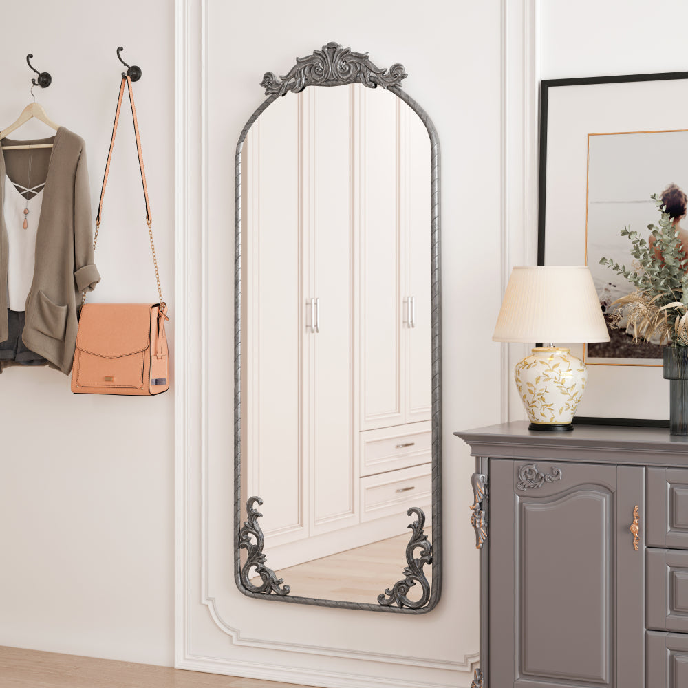 58"x24" Arched Full Body Mirror with Vintage Ornate Carved Applique on Top and Bottom, Hanging Wall Mounted Mirror, for Living Room Bedroom Retro Home Decor Mirror, Antique Silver