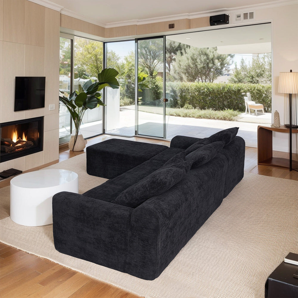 111.2" Modern L-Shaped Sectional Sofa – Modular Velvet Couch with Adjustable Configurations, Soft Melange  chenille Fabric in Black, Stylish & Comfortable for Living Room, Bedroom, and Lounge Areas