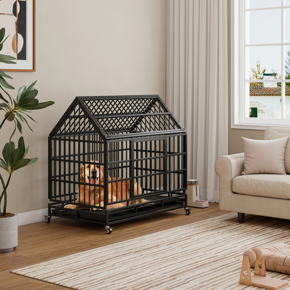 48 Inch Heavy Duty Dog Crate with Wheels, Folding Metal Big Dog Cage for Large and Medium Dogs, Cage with a pointed roof and Removable Tray.