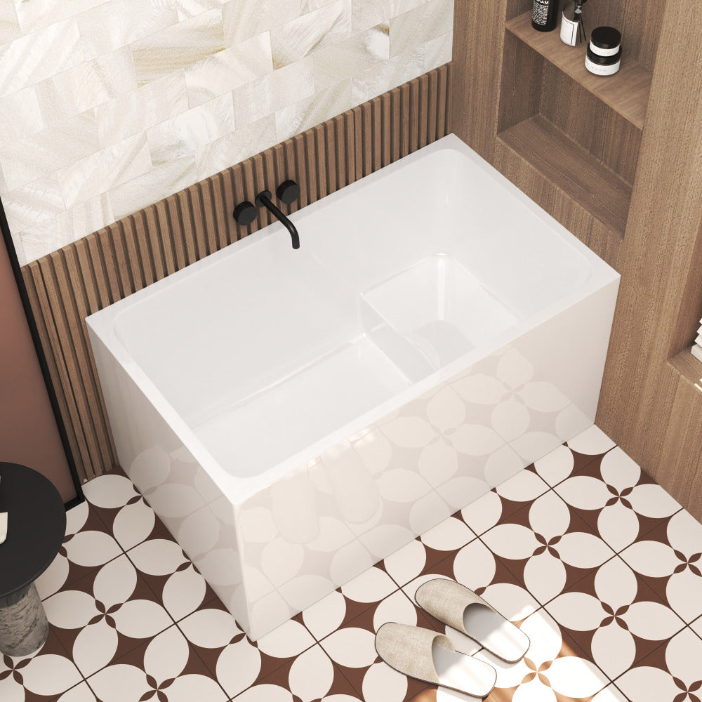 47" Acrylic Freestanding Bathtub with seat: Spacious rectangle Shape, Gloss White Finish, Chrome Overflow & Pop-Up Drain CUPC Certificate