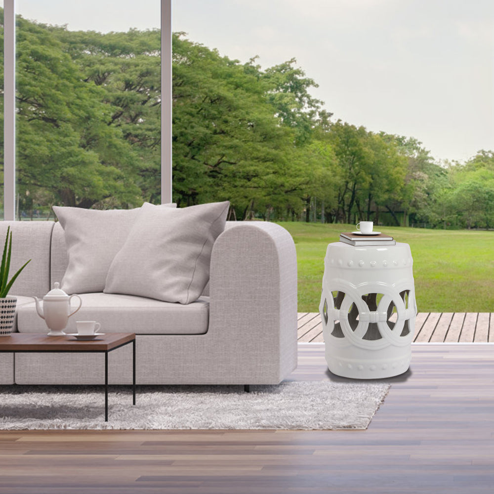 10.5" x 17" Glazed Ceramic Drum Stool - Indoor/Outdoor Side Table - Accent Garden Stool