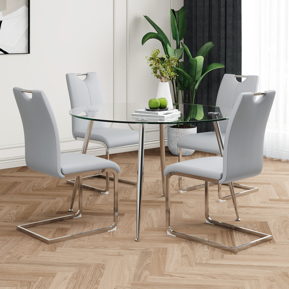 Modern simple round glass dining table, wear-resistant tempered glass countertop, gold-plated legs, grey PU dining chair set, suitable for restaurant kitchen use (set of 5)