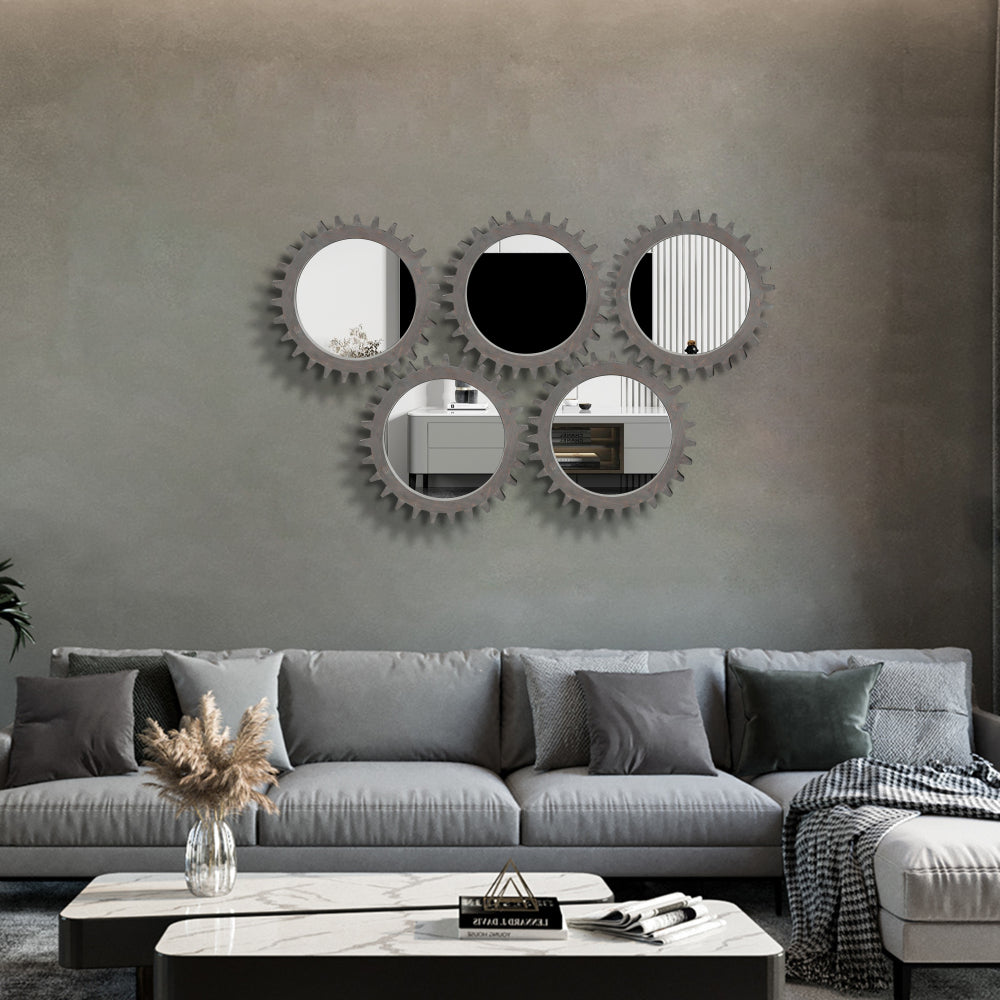 Vintage 17'' x 17'' Wood Round Hanging Gear Shape Decorative Mirror Patchwork Effect With Large-size Mirrors Individually On Art Walls,Sold Individually(Antique Dark Brown)