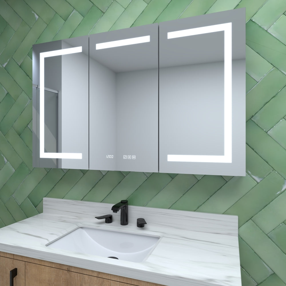 48 in. W x 30 in. H Rectangular Silver Aluminum Recessed/Surface Mount Medicine Cabinet with Mirror LED and Clock