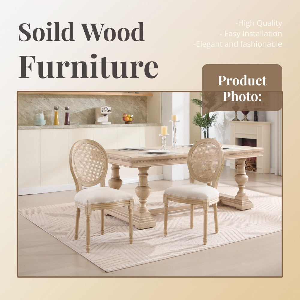 French Country Dining Chairs Set of 2, Upholstered  Chairs with Nature Rattan Round Back, Wire drawing and carving techniques ,Disassemblable ,  for Living Room, Kitchen , Restaurant Use,Beige