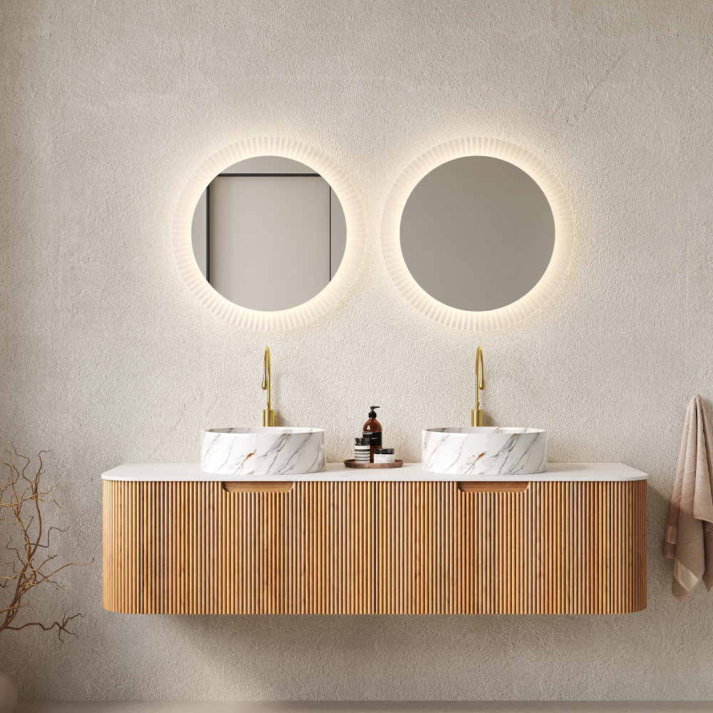 DINA 24" Bathroom Vanity with Sink, Wall-Mounted Floating Curved Edges Striped Bathroom Storage Cabinet with a Drawer, White Round Ceramic Basin without Faucet, Pre-assembled, Natural Woodgrain Color