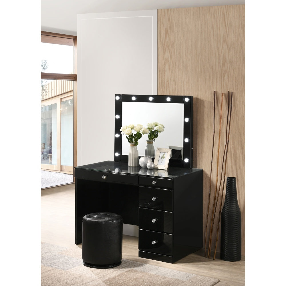 3pc Black Makeup Vanity Set Lighted Mirror Glass Top 5 Drawers Crystal Knobs Round Stool Wooden Bedroom Furniture Black