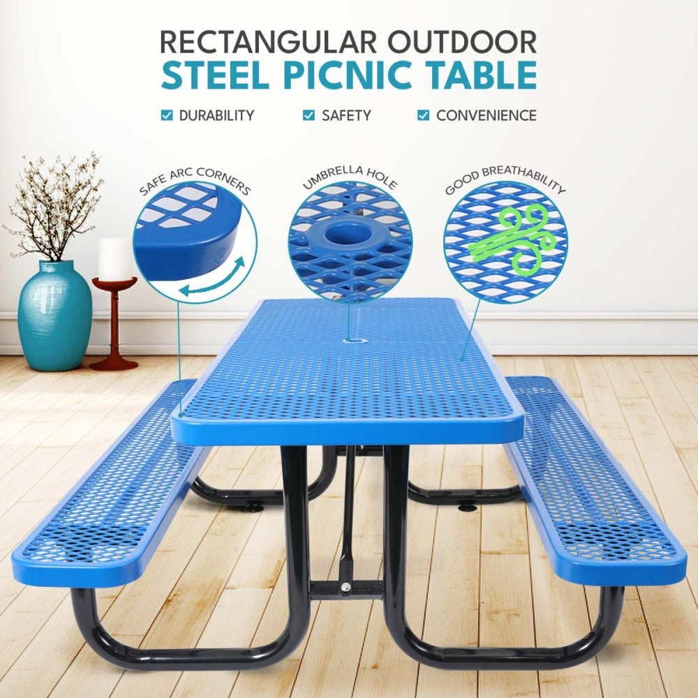 6 ft. Rectangular Outdoor Steel Picnic Table with umbrella pole in Blue