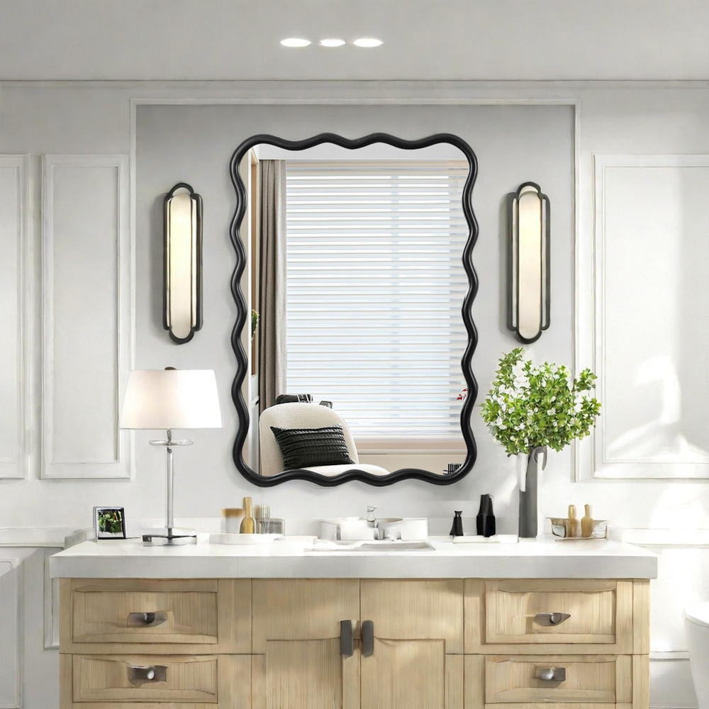 Solid Wood Wavy Rectangle Mirror-Black 40" x 28" Modern Mirror Wall Decor for Bathroom, Bedroom, Living Room, Dining Room, Cloakroom, Entryway