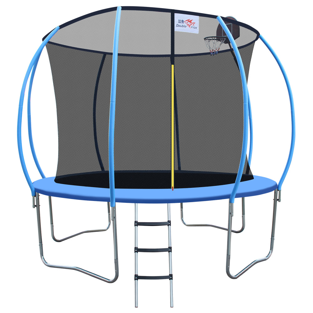 DOUBLE FISH 12ft Foldable Mini Trampoline Fitness Rebounder with Handrail for Adults, 400 Lbs Capacity, Blue Round Iron Frame, Compact & Portable for Home Workouts