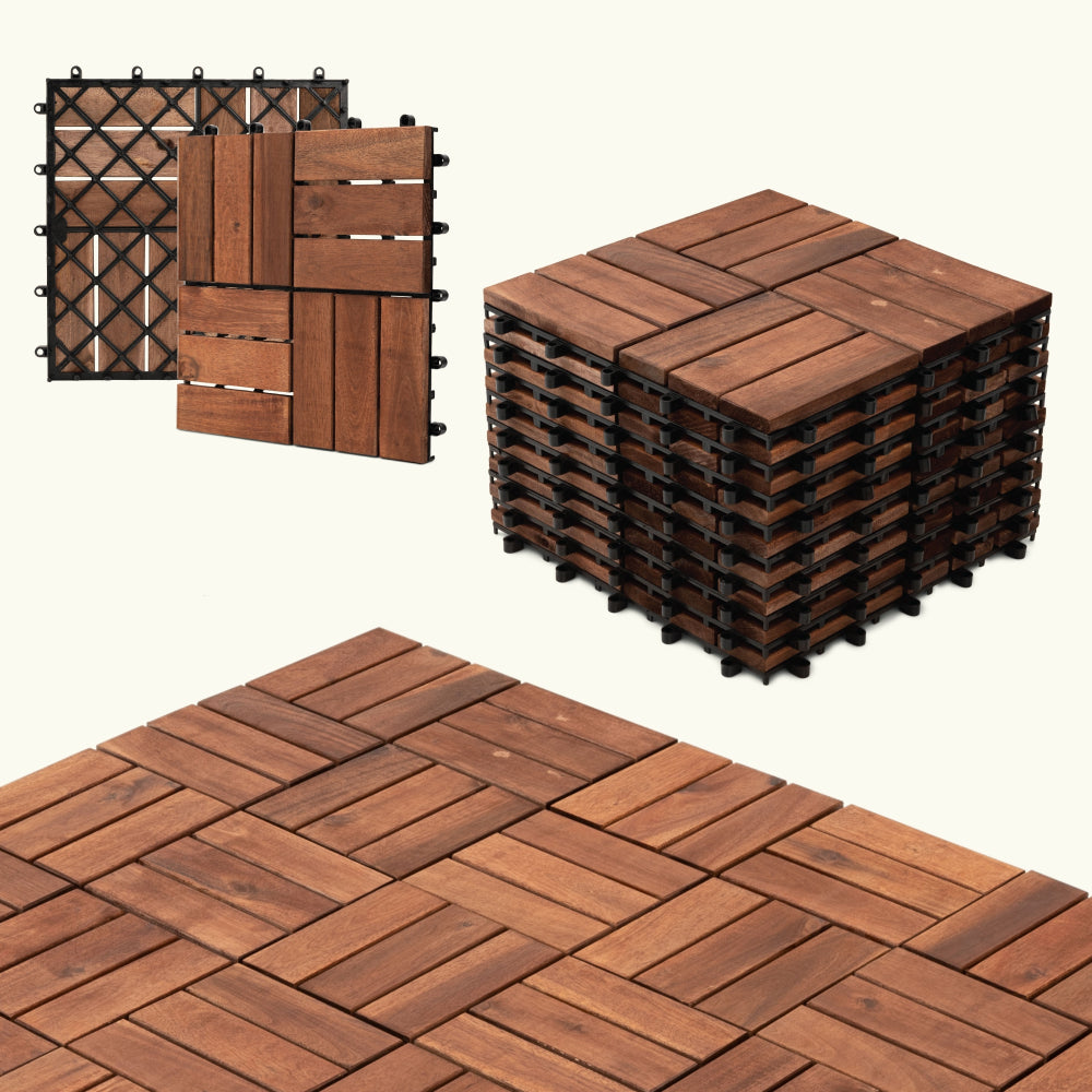 27pcs Interlocking Deck Tiles 11.8" x 11.8", Patio Flooring Outdoor Waterproof, Acacia Wood Tiles All Weather, Floor Tiles for Balcony, Backyard, Indoor and Outdoor use (Square Joint, Dark Brown)
