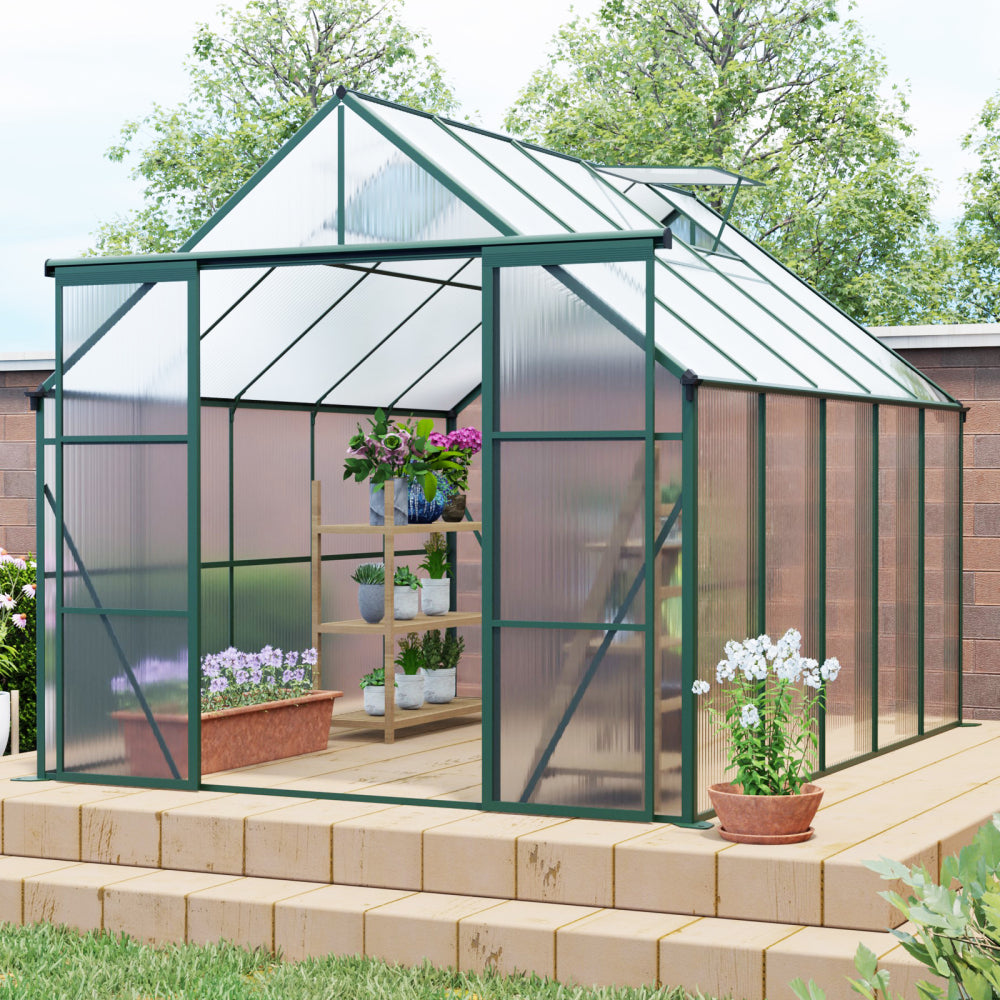 8x10FT Double Door Polycarbonate Greenhouse Raised Base and Anchor Aluminum Heavy Duty Walk-in Greenhouses for Outdoor Backyard in All Season,Green