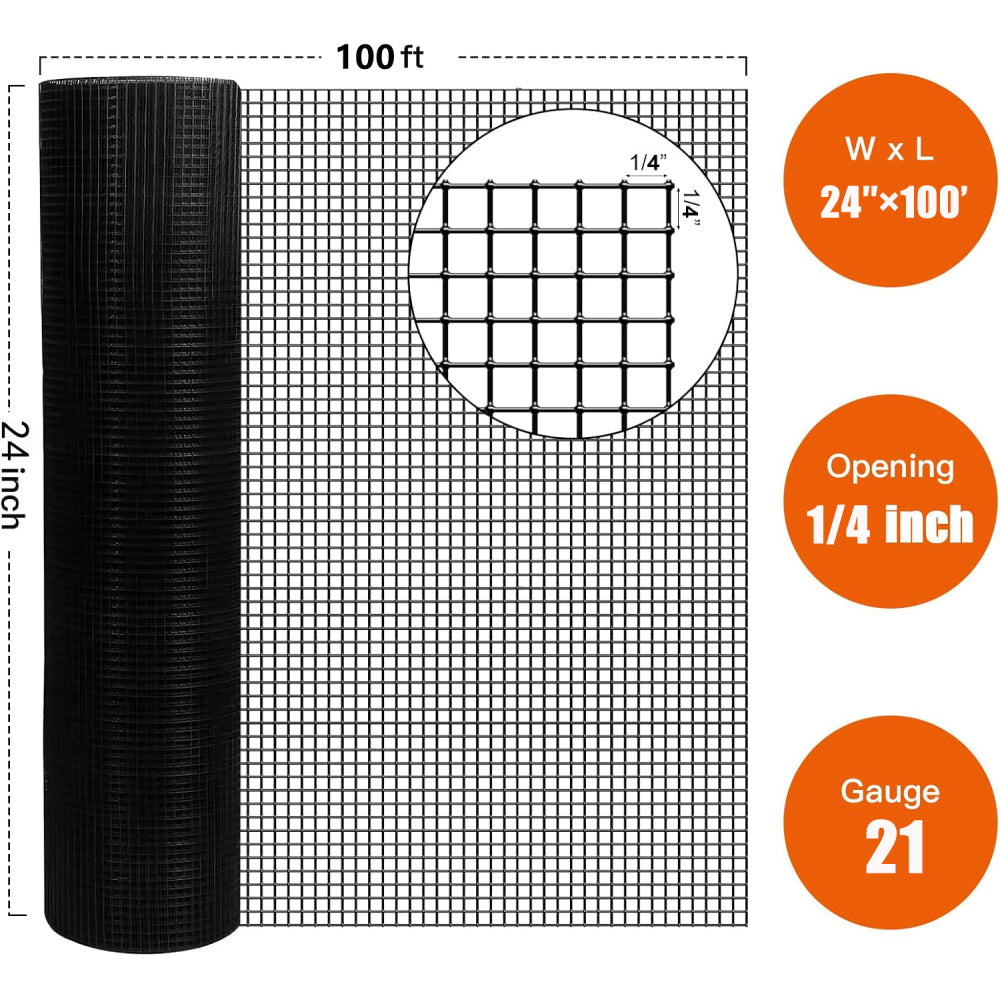 24 inch×100 ft Black Vinyl Coated Hardware Cloth, 21 Gauge 1/4 inch Black PVC Hardware Cloth, Black Welded Wire Fence Supports Poultry-Netting Cage-Home Improvement and Chicken Coop